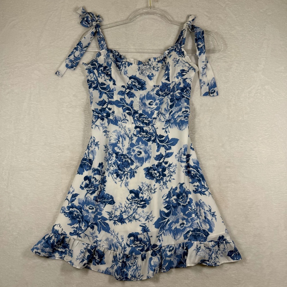 AQUA Blue White Floral Tie Shoulder Smocked Back‎ Ruffle Mini Dress Small